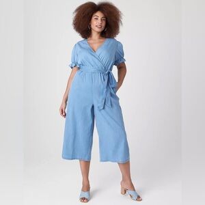 NWT Lane Bryant Puff-Sleeve Belted Chambray Jumpsuit Sz 14